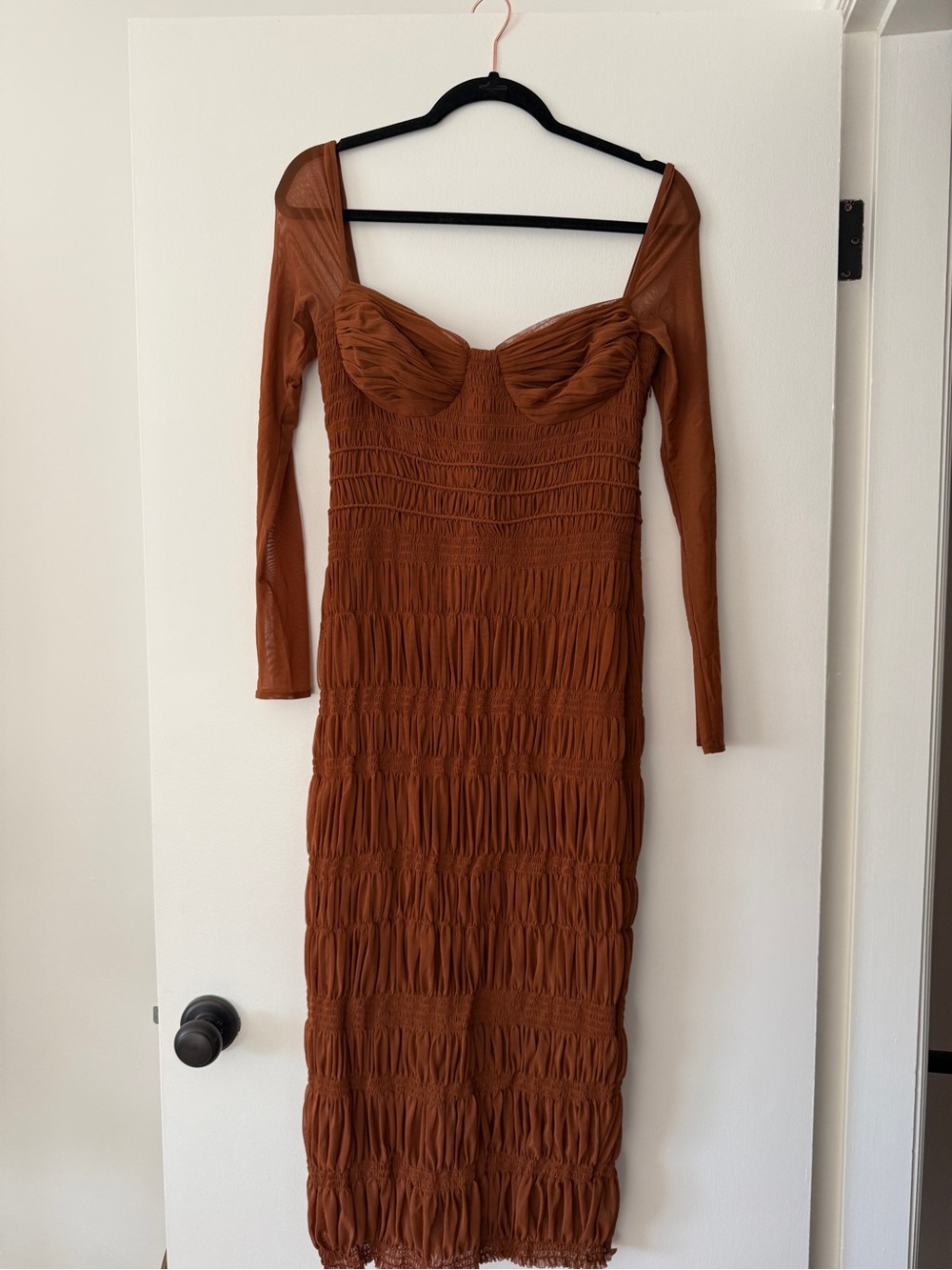Self-Portrait Rust Brown Ruched Long Sleeve Midi Dress